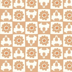 Butterfly retro floral checkerboard honey brown Large Scale by Jac Slade