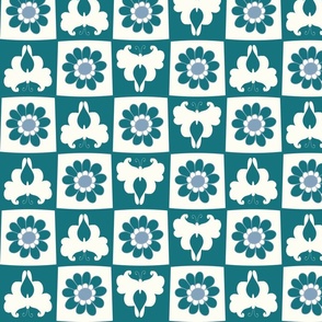Butterfly retro floral checkerboard teal blue green large scale by Jac Slade