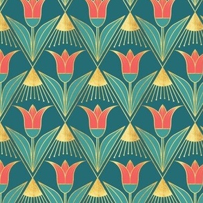 1920s Art Deco Tulips in Teal, Coral and Gold Texture, Vintage Geometric Floral Luxury Pattern SMALL MINI MICRO
