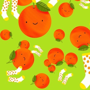 Zingy kawaii oranges and orange socks on bright lime background