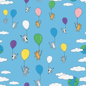 Flying cats with balloons and clouds, blue