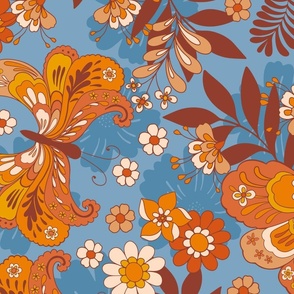 Retro Boho Butterflies and flowers blue brown orange yellow by Jac Slade
