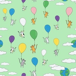 Flying cats with balloons and clouds, green