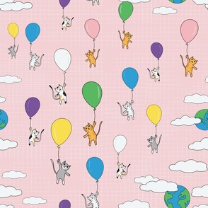 Flying cats with balloons and clouds, pink grid