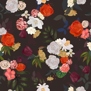 Orange Roses, Tulip and Mix Flowers Vintage Pattern