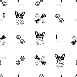 Hand drawn bulldog paw print and bones hound design pattern