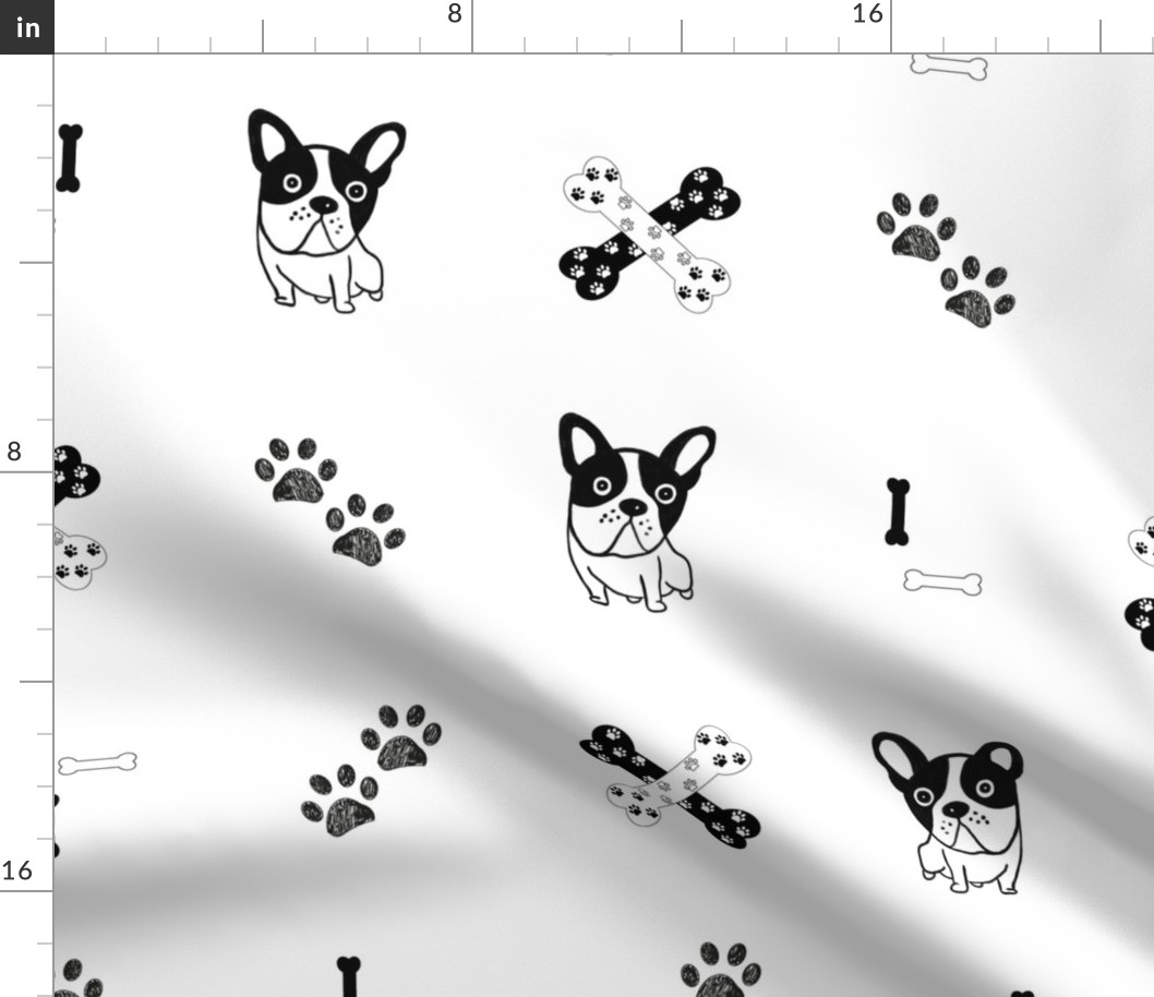 Hand drawn bulldog paw print and bones hound design pattern