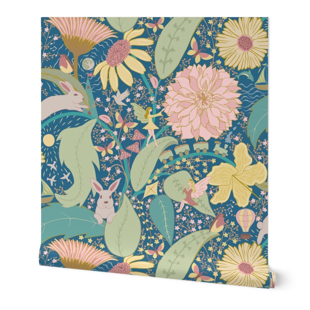 Hidden Whimsy - Flowers, Fairies - Pink, Yellow and Blue - Large Scale