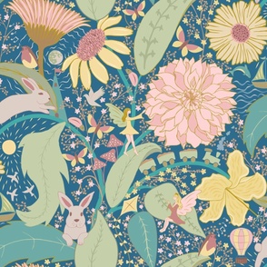 Hidden Whimsy - Flowers, Fairies - Pink, Yellow and Blue - Large Scale