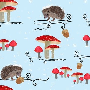 Winter Fauna With Hedgehog and Mushroom Pattern