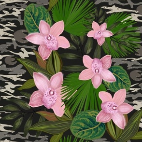 Jungle warrior with pink orchid and camouflage pattern