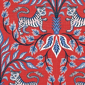 Tigers and palms/blue on red/jumbo