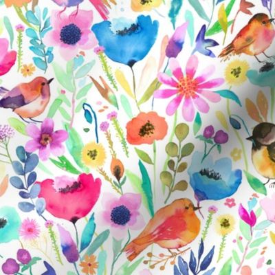 Hidden whimsical birds in meadow Watercolor floral Small