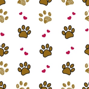 Brown doodle paw print with hearts seamless pattern