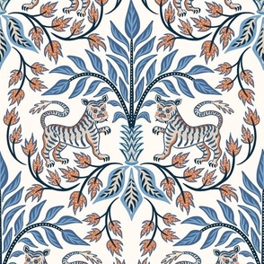 Tigers and palms/blue orange on cream/large