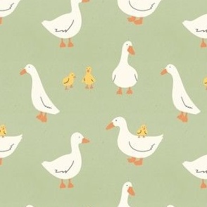 Cute White Ducks and Ducklings - Sage Green - Small Scale 