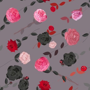 Hand Drawn Pink&red Peony and Roses Pattern