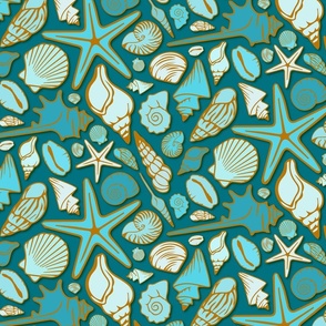 Turquoise various seashells with bronze lines on teal seabed