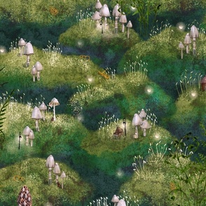  Enchanted forest  mushroom wallpaper on green dark // whimsigothicwallpaper202309 dark green, hiddenwhimsywallpaperdc , whimsical woodlands, forest animals, rabbit, fairy, woodland nature, mushrooms, acorns, gender neutral nursery wallpaper, goblinscore