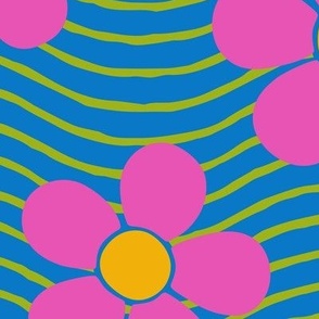 Fun Vibrant Pink Flowers on Blue Wavy Background (Large Scale)
