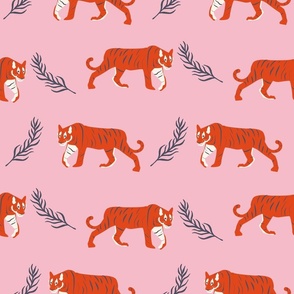 JUMBO  tiger fabric - bright colorful red and pink tiger design, cute tigers