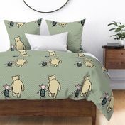 18x18 Panel Classic Winnie the Pooh and Piglet on Sage Green with Polkadots for DIY Throw Pillow or Lovey