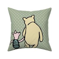 18x18 Panel Classic Winnie the Pooh and Piglet on Sage Green with Polkadots for DIY Throw Pillow or Lovey
