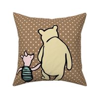 18x18 Panel Classic Winnie the Pooh and Piglet on Tan with Polkadots for DIY Throw Pillow or Lovey