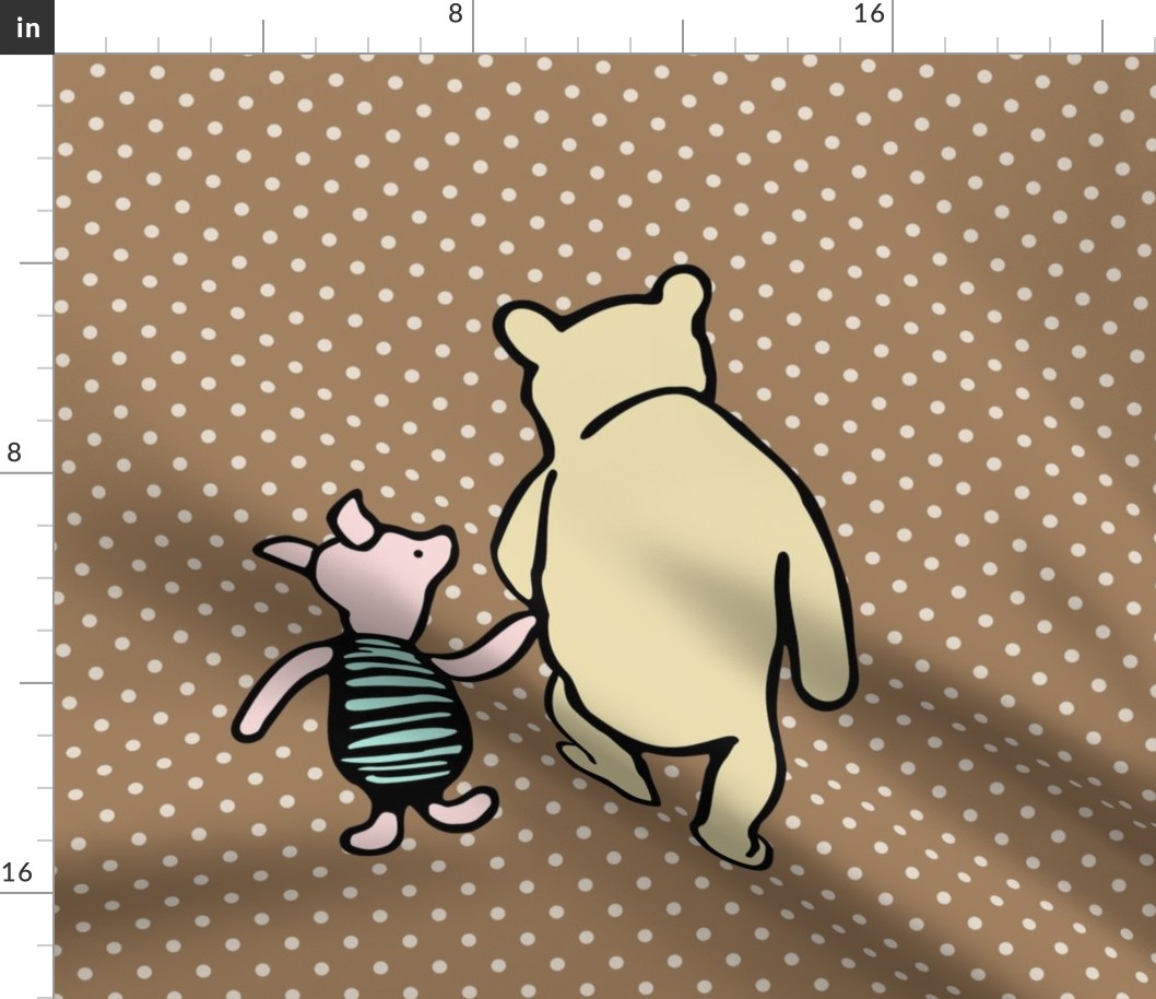 18x18 Panel Classic Winnie the Pooh and Piglet on Tan with Polkadots for DIY Throw Pillow or Lovey