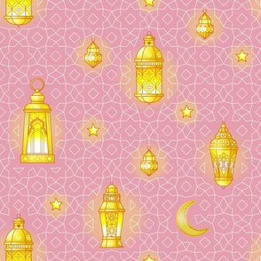 Ramadan lanterns. Arabic geometry ornaments on pink