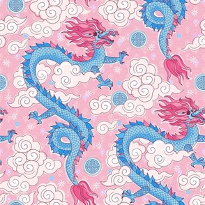 Blue Fly Dragons among clouds on pink
