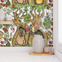 hidden whimsy, fairies, owls and bears, oh my! jumbo large scale, rainbow colors red orange yellow green light pastel blue brown indigo black beige coral pink tan quirky whimsical kids wallpaper