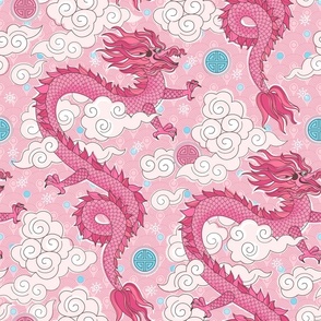 Pink Fly Dragons among clouds on pink backdrop