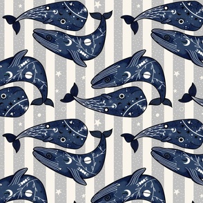 Mystic Ocean Whales Stripes Grey