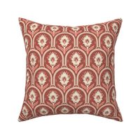 Spring Garden ethnic scallop arches with traditional flower, chinoiserie, grand millennial - cream and peach on dark coral - medium