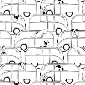 Dogs in VW busses stuck in holiday traffic - black and white