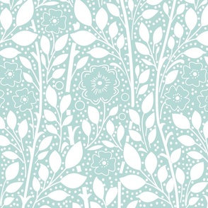 William Morris Inspired Liberty 1910 Floral Arts and Crafts Victorian Climbing Vine with Flowers White on Mint