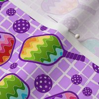 Medium Scale Rainbow Pickleball Paddles and Balls on Purple