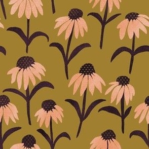 Peach and purple textured flowers on mustard background large