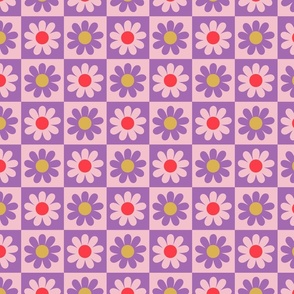 Checkered board with flowers - pink, red, mustard and purple