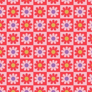 Checkered board with flowers - red, pink, purple, mustard