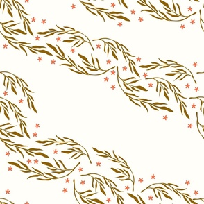 Golden leaves and branches with small coral red flowers on light beige