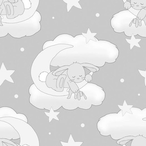 Gray Bunny on Moon Stars Clouds Baby Nursery 