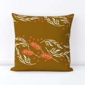 Beige leaves and branches with coral red berries and flowers on golden background