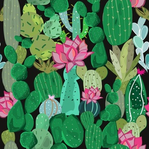 Cactus and succulent tropical flowers pattern black background