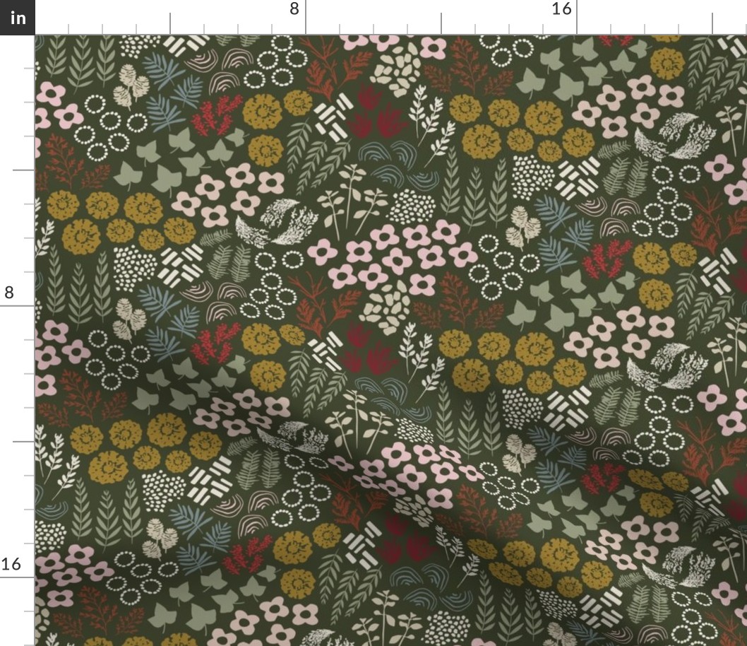 hand drawn flowers and leaves on green background small