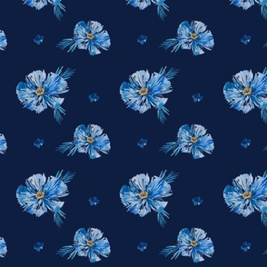 Blue Poppy watercolor flowers on dark royal blue background