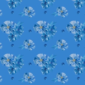 Blue Poppy  watercolor flowers on bright blue background