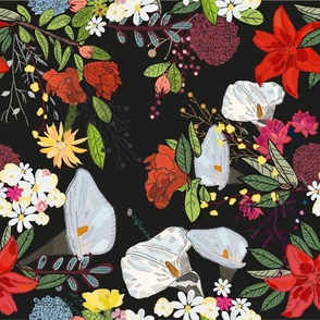 Pomegranate and lily and colorful flowers pattern black background