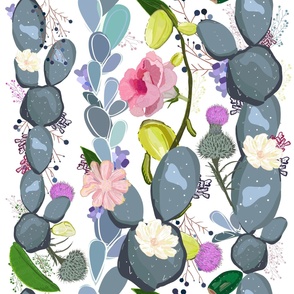 Succulent cactus and colorful flowers pattern background